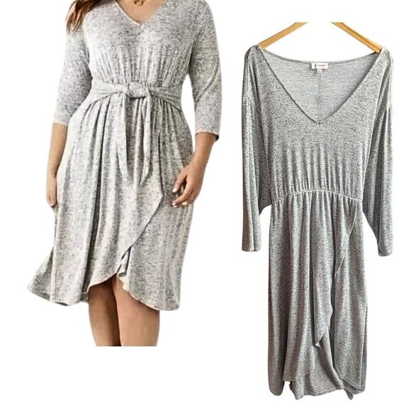 MOLLY & ISADORA Aidy Light Gray Faux Wrap Tie Waist Tulip Hem Midi Dress Size 5X - Picture 1 of 8